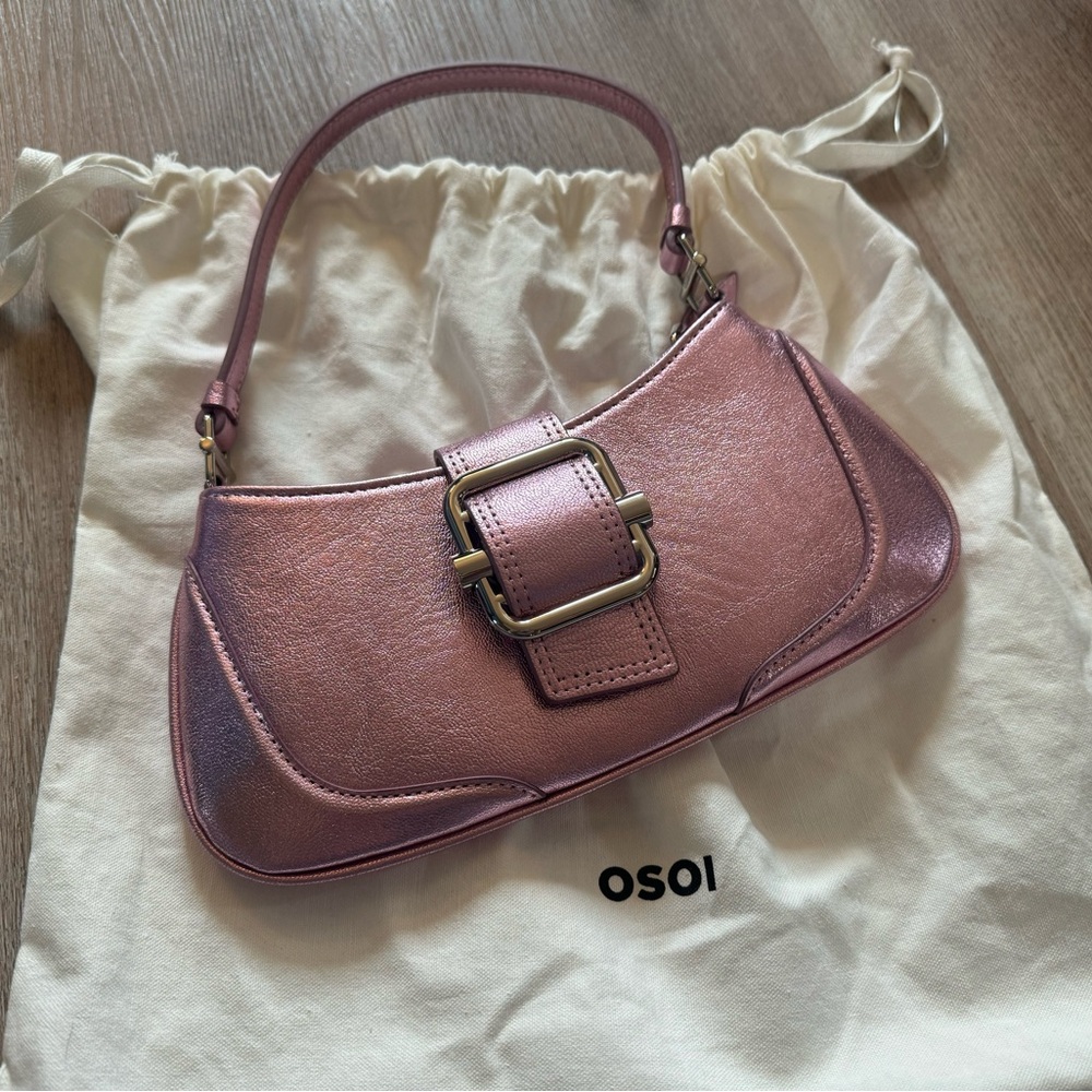 {SOLD} Osoi Metallic Pink Genuine Leather Shoulder Purse Bag Silver Hardware